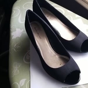 Black fabric peep toe wedge heels
